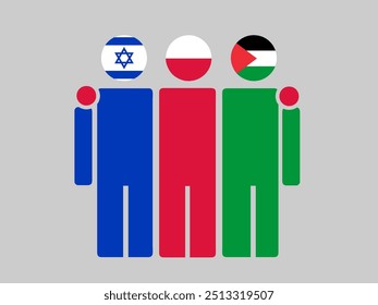 Israel, Poland, and Palestine National Flags With Embracing Body. Vector Illustration. Isolated background.