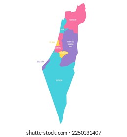 Mapa político de las divisiones administrativas de Israel: distritos, Franja de Gaza y zona de Judea y Samaria. Mapa vectorial colorido con etiquetas.