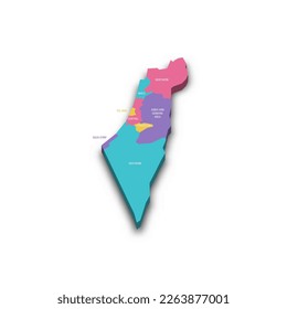 Israel political map of administrative divisions - districts, Gaza Strip and Judea and Samaria Area. Colorful 3D vector map with dropped shadow and country name labels.