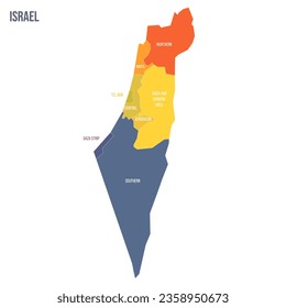 Politische Landkarte der Verwaltungseinheiten Israel - Bezirke, Gazastreifen, Judea und Samaria-Gebiet. Farbige politische Landkarte mit Etiketten und Ländernamen.