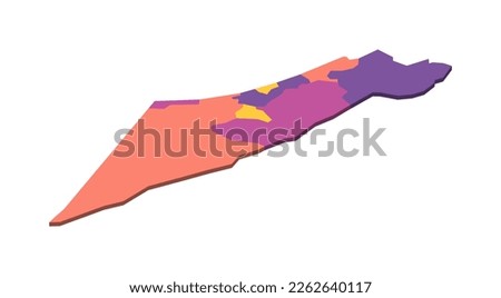 Israel political map of administrative divisions - districts, Gaza Strip and Judea and Samaria Area. Isometric 3D blank vector map in four colors scheme.