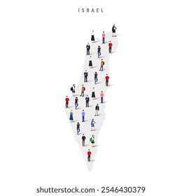Israel population map. Large group of realistic a diverse crowd of people figures in a shape of Israeli map. Flat vector illustration isolated on white.