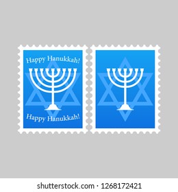 Israel post stamp set with Happy hanukkah menorah and Star of David. Flat. Vector EPS 10