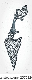 Israel regions word cloud in a typographic style. Country shape on a textured background. Vector illustration.