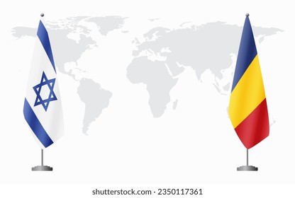 Israel and Romania flags for official meeting against background of world map.