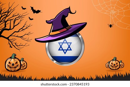 israel round flag with Happy Halloween banner or party invitation background. bats, spiders and pumpkins, orange background
