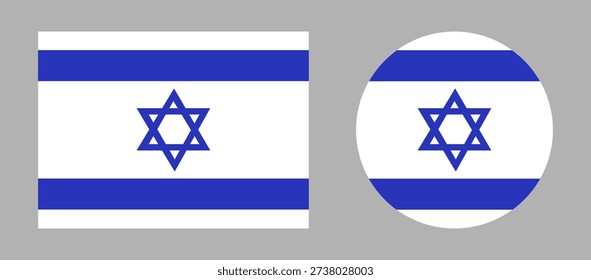 Israel round, rectangular flag icons set. Jewish circular symbol. Flag button, banner, badge collection. National signs. Star of David.