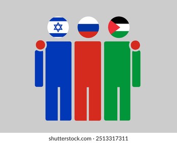 Israel, Russia, and Palestine National Flags With Embracing Body. Vector Illustration. Isolated background.