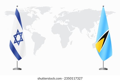 Israel and Saint Lucia flags for official meeting against background of world map.