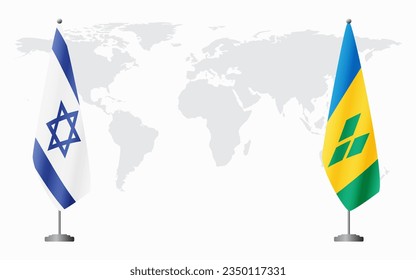Israel und St. Vincent und die Grenadinen-Flaggen für offizielle Treffen auf dem Hintergrund der Weltkarte.