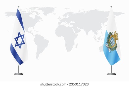 Israel and San Marino flags for official meeting against background of world map.