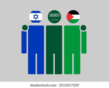 Israel, Saudi Arabia, and Palestine National Flags With Embracing Body. Vector Illustration. Isolated background.