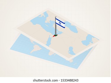 Israel selected on map with isometric flag of Israel. Vector paper map.