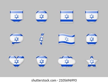 Israel - set of shiny flags of different shapes. Vector illustration