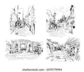 Israel. Set of streets of Jerusalem. Hand drawn sketch. Vector illustration.