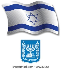 israel shadowed textured wavy flag and coat of arms against white background, vector art illustration, image contains transparency transparency