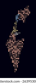 Israel, shape of the country built of colored cells. Digital style map of Israel on a dark background. Small size rounded square blocks. Modern vector illustration.