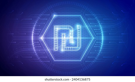 Israel Shekel (ILS), Futuristic Currency Finance Symbol, Hologram Cybernetic Neon Glow Translucent Circuit Board Digital Technology Hexagon Block Backdrop Background
