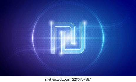 Israel Shekel (ILS) Sign Symbol Futuristic Hologram Neon Glow Cybernetic Digital Circuit Currency Cryptocurrency Exchange Trading Backdrop Background Design Vector