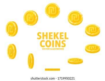 Israel Shekel sign gold coin isolated on white background, set of flat icon of coin with symbol at different angles.