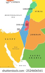 Israel y la península del Sinaí, un mapa político colorido. Levante meridional, región geográfica e histórica árida, que abarca Israel, Palestina, Jordania, Líbano, Siria meridional y la península del Sinaí.