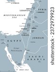 Israel and the Sinai Peninsula, gray political map. The Southern Levant, a geographical and historical region, encompassing Israel, Palestine, Jordan, Lebanon, southern Syria and the Sinai Peninsula.