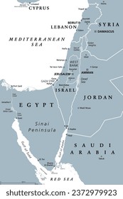 Israel and the Sinai Peninsula, gray political map. The Southern Levant, a geographical and historical region, encompassing Israel, Palestine, Jordan, Lebanon, southern Syria and the Sinai Peninsula.