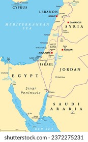 Israel and the Sinai Peninsula, political map. The Southern Levant, an arid geographical and historical region, encompassing Israel, Palestine, Jordan, Lebanon, southern Syria and the Sinai Peninsula.