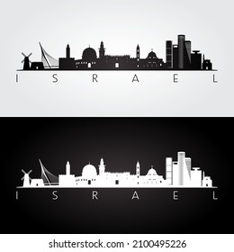 Israel skyline and landmarks silhouette, black and white design, vector illustration.