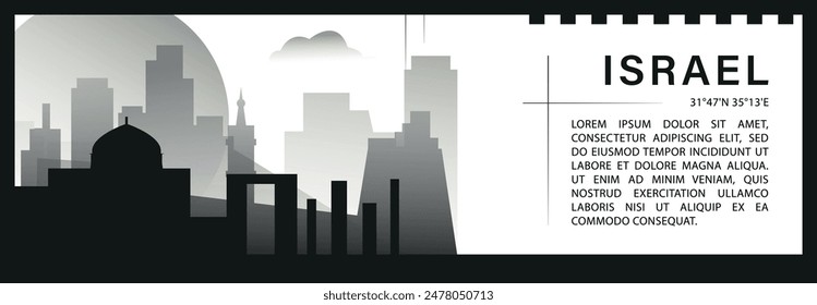 Israel skyline vector banner, black and white minimalistic cityscape silhouette. Tel Aviv, Jerusalem horizontal graphic, travel infographic, monochrome layout for website