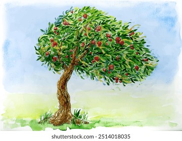 Israel solidarity, support of kidnapped, hope to bring them home! Conceptual watercolor hand drawn vector illustration with pomegranate tree as an israeli symbol, with many yellow ribbons and garnets.