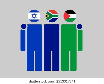 Israel, South Africa, and Palestine National Flags With Embracing Body. Vector Illustration. Isolated background.