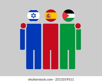 Israel, Spain, and Palestine National Flags With Embracing Body. Vector Illustration. Isolated background.