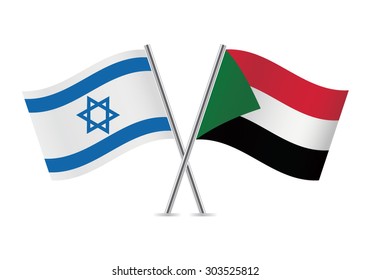 Israel and Sudan crossed flags. Israeli and Sudanese flags, isolated on white background. Vector icon set. Vector illustration.