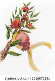 Israel Support Yellow Ribbon on Pomegranate Branch, hand drawn watercolor illustration, conseptual jewish art, symbolic greeting card for Rosh Hashanah,  solidarity with hostages, bring them home now