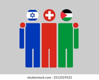 Banderas nacionales de Israel, Suiza y Palestina con cuerpo abrazador. Ilustración vectorial. Fondo aislado.