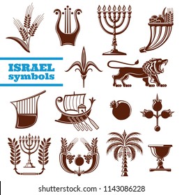 Israel symbols with judaism religion, culture and history sign. Jerusalem lion, menorah with olive branch and palm tree, lyre, shavuot pomegranate fruit, wheat and grape, zebulun boat and flower