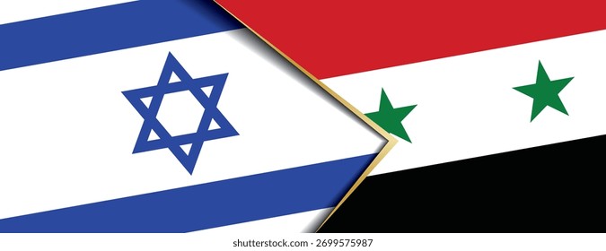 Las banderas de Israel y Siria se superponen, lo que representa tensiones geopolíticas y conflictos en Oriente Medio