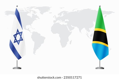 Israel and Tanzania flags for official meeting against background of world map.