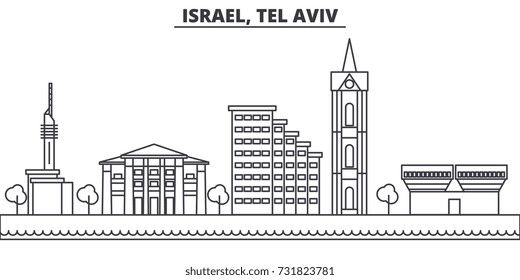 Israel, Tel Aviv architecture line skyline illustration. Linear vector cityscape with famous landmarks, city sights, design icons. Landscape wtih editable strokes