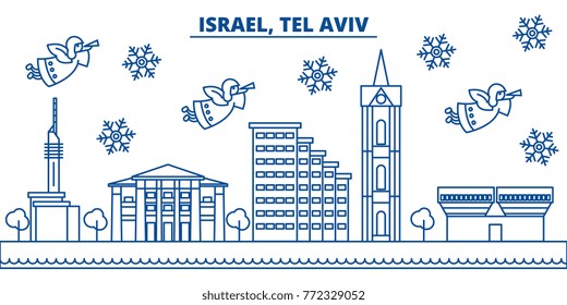 Israel, Tel Aviv winter city skyline. Merry Christmas, Happy New Year decorated banner with Santa Claus.Winter greeting line card.Flat, outline vector.Linear christmas snow illustration