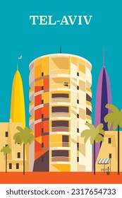 Israel Tel-Aviv city bauhaus poster with abstract shapes of landscape and buildings. Travel vector retro summer colorful illustration