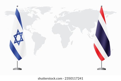 Israel and Thailand flags for official meeting against background of world map.