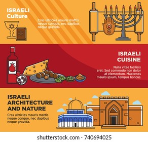 Israel tourism travel landmarks and culture famous symbols traditional cuisine vector banners