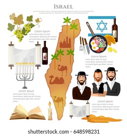 Israel tradition and culture. Travel vacation to Israel, attractions, culture, people, map Israel. Infographic template design 