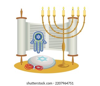 Israel travel flat composition with menorah and traditional hanukka celebration symbols vector illustration