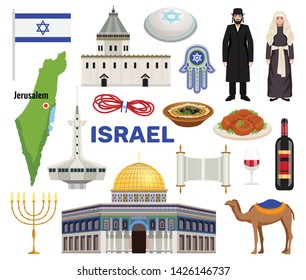 Israel travel icons set with culture and cuisine symbols flat isolated vector illustration