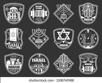 Israel travel and traditional Jewish heraldic symbols. Vector Judaism religion Happy Hanukkah Menorah, David star and Rabbi Torah, dreidel and synagogue, Hamsa hand and Shofar horn icons