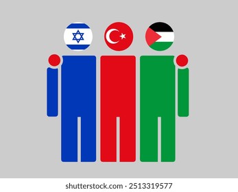 Israel, Turkey, and Palestine National Flags With Embracing Body. Vector Illustration. Isolated background.