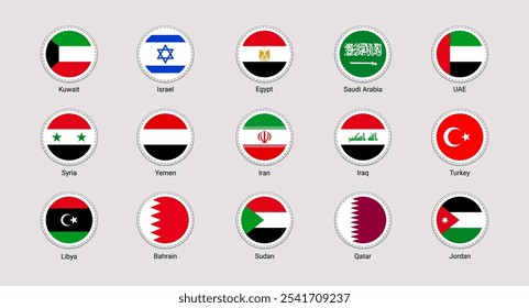 Israel, Emirados Árabes Unidos, Arábia Saudita, Turquia, Egito bandeiras adesivos vetor ilustração. Os países asiáticos isolaram ícones arredondados. Estados orientais bandeiras nacionais oficiais definidas com nome do estado.